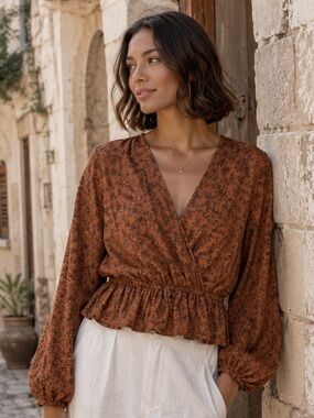 Final Touch Rust Brown Floral Blouse L Boho Cottagecore Peplum Prairie Top